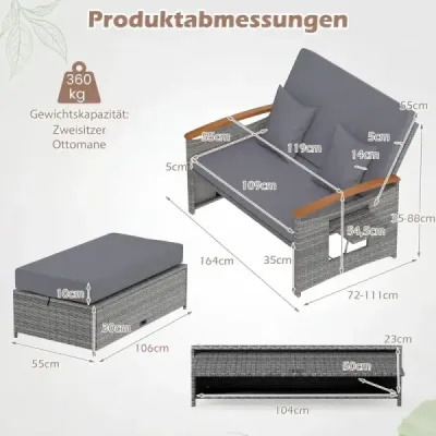 Zahradní ratanová lavička pro venkovní použití, dvoumístný balkonový nábytek a taburet s úložným prostorem, šedá