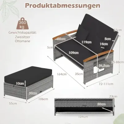 Zahradní ratanová lavička pro venkovní použití, dvoumístný balkonový nábytek a taburet s úložným prostorem, černá
