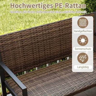 Zahradní ratanová lavička, venkovní lavička s opěradlem a područkami pro 2 osoby, hnědá
