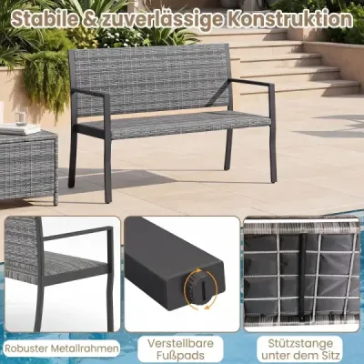 Zahradní ratanová lavička, venkovní lavička s opěradlem a područkami pro 2 osoby, šedá