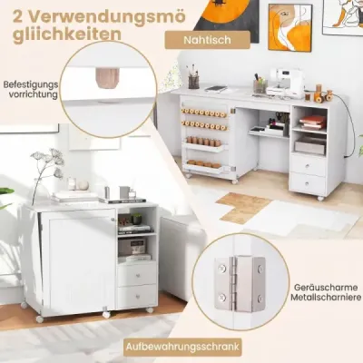 Šicí stůl na kolečkách, skládací skříňka na šicí stroj s nabíjecí stanicí, 2 zásuvky, bílý