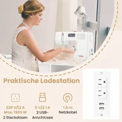Šicí stůl na kolečkách, skládací skříňka na šicí stroj s nabíjecí stanicí, 2 zásuvky, bílý