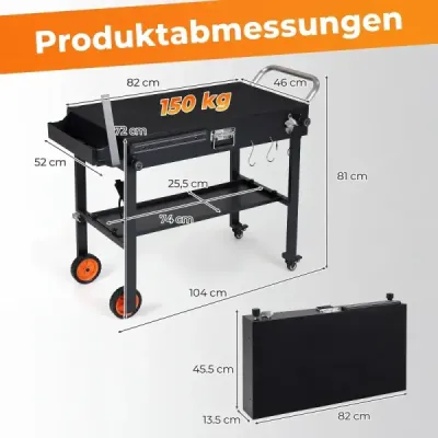 Skládací grilovací vozík 82 x 46 cm Přenosný grilovací stůl s kolečky, pracovní plochou a tepelně ochrannou podložkou