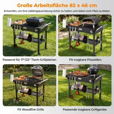Skládací grilovací vozík 82 x 46 cm Přenosný grilovací stůl s kolečky, pracovní plochou a tepelně ochrannou podložkou