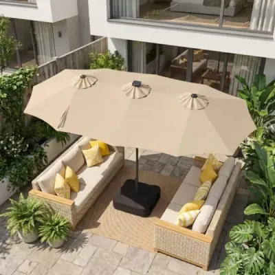 Dvojitý slunečník 370 x 200 cm, slunečník s klikou a stojanem, zahradní slunečník se 108 LED světly, béžový
