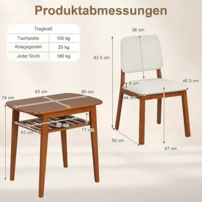 Jídelní sada 3 kusů pro 2 osoby, dřevěná jídelní sestava s protiskluzovými nožičkami, béžová a třešňová.