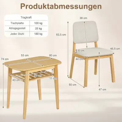 Jídelní sada 3 kusů pro 2 osoby, dřevěná jídelní sestava s protiskluzovými nožičkami, béžová a přírodní.