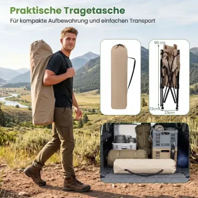 Skladacia kempingová stolička s opierkou na nohy, polohovatelné kreslo, 4polohové nastavitelné operadlo, nosnosť do 150 kg, khaki