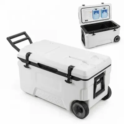 Chladicí box 50 l Velký plastový termobox s kolečky a rukojetí Izolační box s odtokovou zátkou, bílý