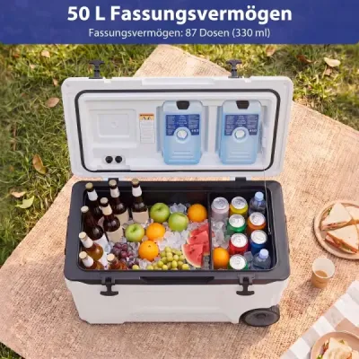 Chladicí box 50 l Velký plastový termobox s kolečky a rukojetí Izolační box s odtokovou zátkou, bílý