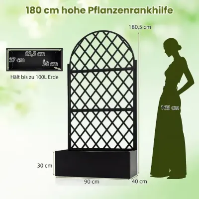 Květináč s mřížkou, zástěnou na ochranu soukromí s květináčem a drenážními otvory, vyrobený z kovu, 90 x 40 x 180 cm, černý
