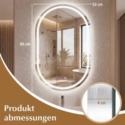Koupelnové zrcadlo s osvětlením 50 x 80 cm LED koupelnové zrcadlo oválné, nezamlžující se nástěnné zrcadlo stříbrné