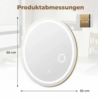 Koupelnové zrcadlo s osvětlením 60 x 50 cm Oválné stmívatelné LED nástěnné zrcadlo se 3 barvami světla
