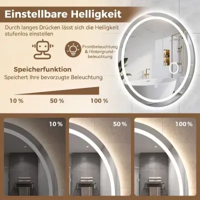Koupelnové zrcadlo s osvětlením 60 x 50 cm Oválné stmívatelné LED nástěnné zrcadlo se 3 barvami světla