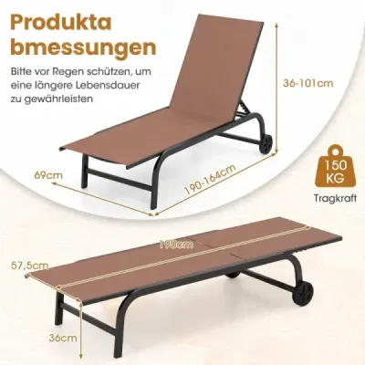 Zahradní lehátko s kolečky. Robustní zahradní lehátko s 6polohovým nastavitelným opěradlem až do 180°. Ploché. Hnědé.