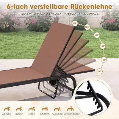 Zahradní lehátko s kolečky. Robustní zahradní lehátko s 6polohovým nastavitelným opěradlem až do 180°. Ploché. Hnědé.
