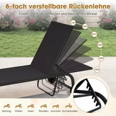 Sada 2 lehátek s kolečky. Robustní zahradní lehátko s nastavitelnou opěrkou do 6 poloh (až 180°). Ploché. černe.