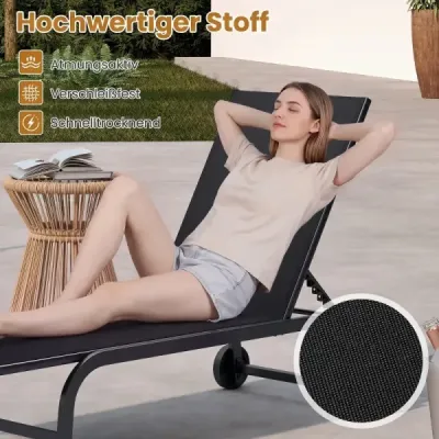 Sada 2 lehátek s kolečky. Robustní zahradní lehátko s nastavitelnou opěrkou do 6 poloh (až 180°). Ploché. černe.