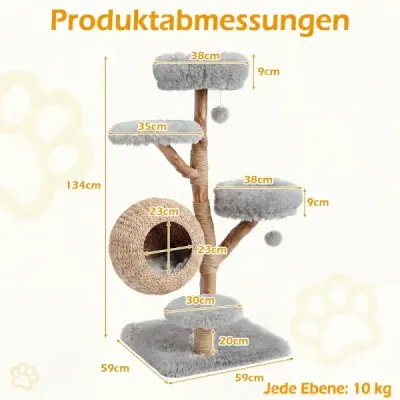 Škrabadlo 134 cm, 5patrové škrabadlo pro kočky s doupětem, visícím míčkem, polstrovanými plošinami a škrabacími sloupky, šedé