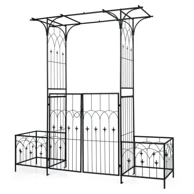 Růžový oblouk 3 v 1 – zahradní oblouk s mřížkou pro popínavé rostliny a 2 květinovými truhlíky, 200 x 56 x 206 cm, černý