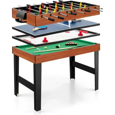 Multifunkční herní stůl 4 v 1, 125 cm – stolní fotbal, kulečník, airhockey, stolní tenis, včetně příslušenství, do herny, černý