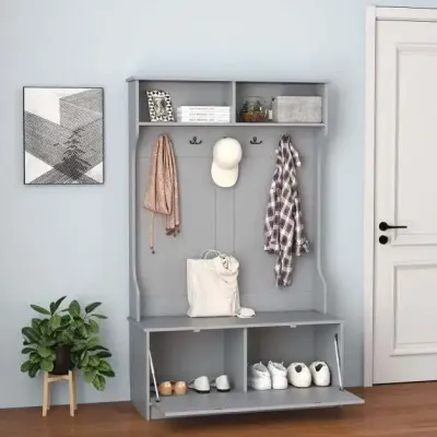 Šatní stojan s lavičkou a 5 dvojitými háčky – šatní stojan do předsíně, 100 x 40 x 160 cm, šedý
