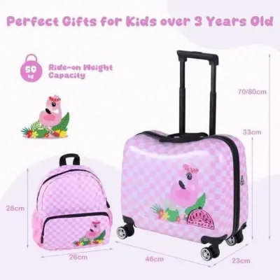 2dílná dětská sada – kufr a batoh, 12" + 18", dětský kufr na kolečkách s voděodolnou tvrdou skořepinou, růžový (flamingo)
