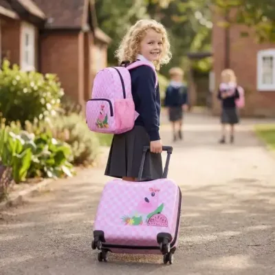 2dílná dětská sada – kufr a batoh, 12" + 18", dětský kufr na kolečkách s voděodolnou tvrdou skořepinou, růžový (flamingo)