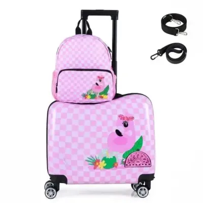 2dílná dětská sada – kufr a batoh, 12" + 18", dětský kufr na kolečkách s voděodolnou tvrdou skořepinou, růžový (flamingo)