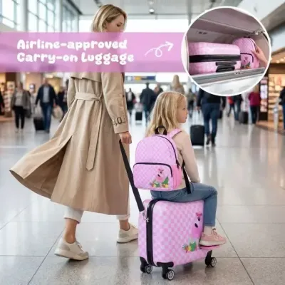 2dílná dětská sada – kufr a batoh, 12" + 18", dětský kufr na kolečkách s voděodolnou tvrdou skořepinou, růžový (flamingo)