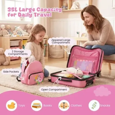 2dílná dětská sada – kufr + batoh, 12" + 18", dětský kufr na kolečkách, růžový (jednorožec)