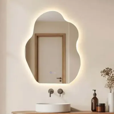Netradiční koupelnové zrcadlo s LED osvětlením, ochranou proti zamlžování a paměťovou funkcí – nástěnné zrcadlo 70 x 50 cm
