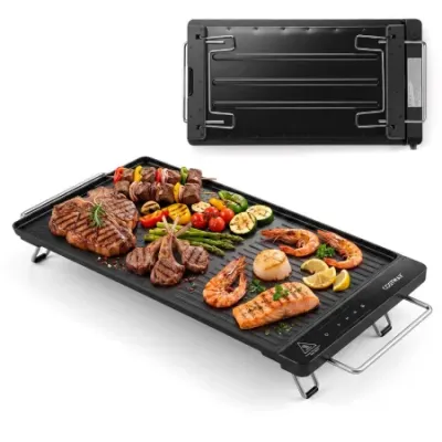 Elektrická grilovací deska Teppanyaki o výkonu 1300 W s odnímatelným dotykovým panelem pro regulaci teploty, černá