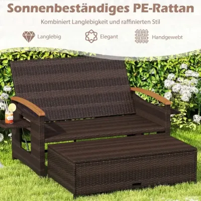 Zahradní dvojlůžko 3 v 1 Zahradní ratanová pohovka se 4stupňově nastavitelným opěradlem