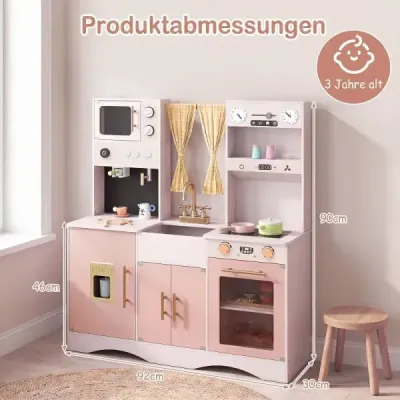 Dětská kuchyňka s kuchyňským příslušenstvím, dřevěná kuchyňka s mikrovlnnou troubou, 92 x 35 x 90 cm, pro děti od 3 let, růžová