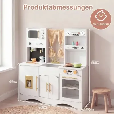 Dětská kuchyňka s kuchyňským příslušenstvím, dřevěná kuchyňka s mikrovlnnou troubou, 92 x 35 x 90 cm, pro děti od 3 let, bílá