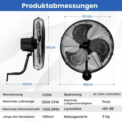 ES10330DE-BK Nástěnný ventilátor Ø56 cm Oscilační ventilátor pro sklady skleníky dílny terasy a sklepy černý SKLADEM