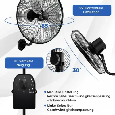 ES10330DE-BK Nástěnný ventilátor Ø56 cm Oscilační ventilátor pro sklady skleníky dílny terasy a sklepy černý SKLADEM