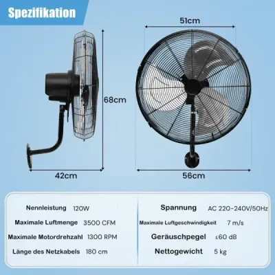 ES10330DE-BK Nástěnný ventilátor Ø56 cm Oscilační ventilátor pro sklady skleníky dílny terasy a sklepy černý SKLADEM