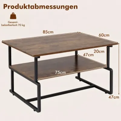 Dvoustupňový konferenční stolek – obdélníkový stolek do obývacího pokoje s kovovou konstrukcí a dřevěným vzhledem, 85 x 60 x 47 cm