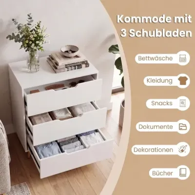 Dřevěná komoda se 3 zásuvkami – moderní příborník s kuželovitými kovovými nohami, bílá