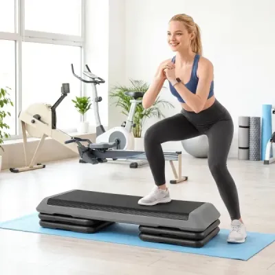 Aerobní stepper s nastavitelnou výškou, fitness stepper se 4 opěrnými bloky, strukturovaný povrch, šedý