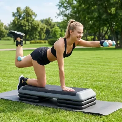 Aerobní stepper s nastavitelnou výškou, fitness stepper se 4 opěrnými bloky, strukturovaný povrch, šedý
