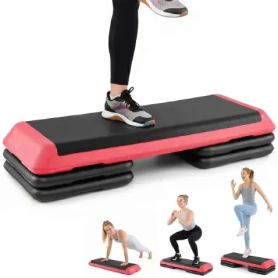 Aerobní stepper s nastavitelnou výškou, fitness stepper se 4 opěrnými bloky, strukturovaný povrch, červený