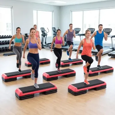 Aerobní stepper s nastavitelnou výškou, fitness stepper se 4 opěrnými bloky, strukturovaný povrch, červený