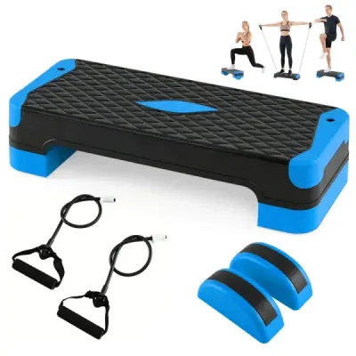 Aerobní stepper 3 v 1, výškově nastavitelný fitness stepper se 2 stohovatelnými nástavci a trenažéry rovnováhy, modrý