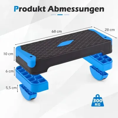 Aerobní stepper 3 v 1, výškově nastavitelný fitness stepper se 2 stohovatelnými nástavci a trenažéry rovnováhy, modrý