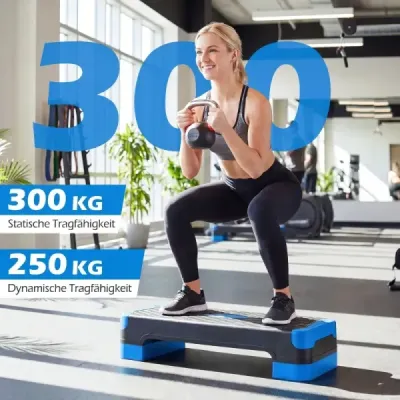 Aerobní stepper 3 v 1, výškově nastavitelný fitness stepper se 2 stohovatelnými nástavci a trenažéry rovnováhy, modrý
