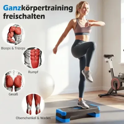 Aerobní stepper 3 v 1, výškově nastavitelný fitness stepper se 2 stohovatelnými nástavci a trenažéry rovnováhy, modrý