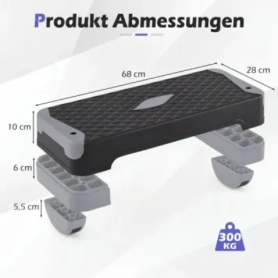 Aerobní stepper 3 v 1, výškově nastavitelný fitness stepper se 2 stohovatelnými nástavci a trenažéry rovnováhy, šedý